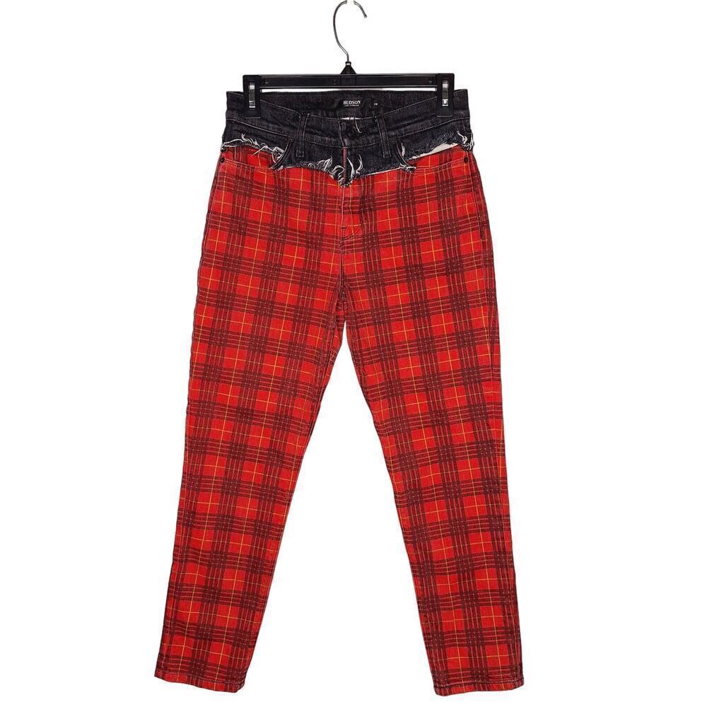 Hudson Jeans Bettie Taper Jeans High Rise Red Plaid Tartan 26 Punk Ska Grunge